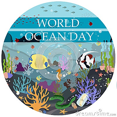 Vector flat illustration of the underwater world. Postcard-poster for the world ocean day on June 8. Protection of Vector Illustration