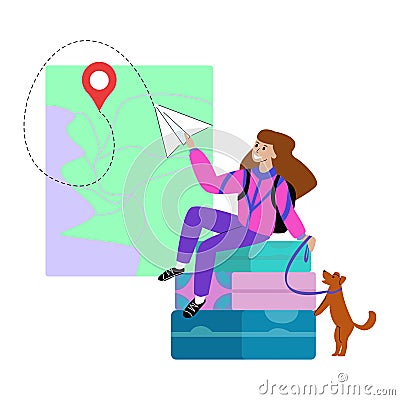 Vector flat illustration woman on Luggage suitcases, who throws paper plane in the direction of mark on map. Vector Illustration