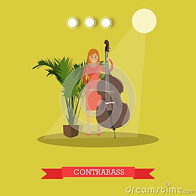 Vector flat illustration of woman playing contrabass Vector Illustration