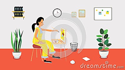 Woman artist practices oil painting in her room Vector Illustration