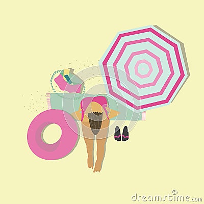 Women sitting on blanket at summer resort. Inflatable ring, umbrella, bag. Vector flat illustration. Vector Illustration