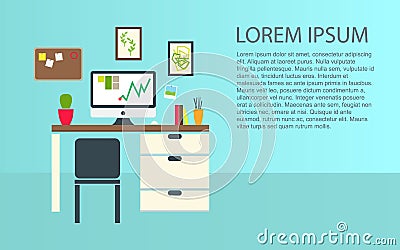 Vector flat illustration of workplace. Home table with computer Vector Illustration