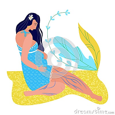 Vector flat illustration with young, attractive, pregnant woman sitting on the sand. Varicose veins Vector Illustration