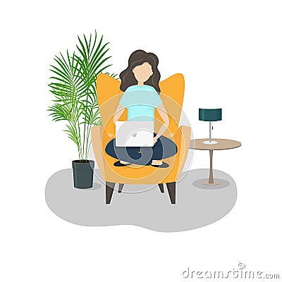 Vector flat illustration of young working woman on arm chair with laptop or computer in home. Cartoon Illustration