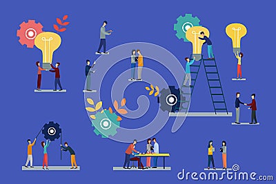 Vector flat illustrations, brainstorming, business concept for teamwork, searching for new solutions, small people Vector Illustration