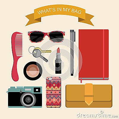 Vector flat image content of woman`s bag with comb, purse, cosmetic, keys, liner etc. Illustration What is inside my bag Vector Illustration