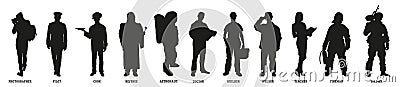 Silhouettes of various professions in black Vector Illustration