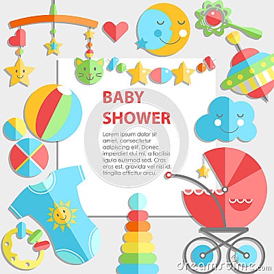 Vector flat infancy bacground. Baby products. Decoration frame, Vector Illustration