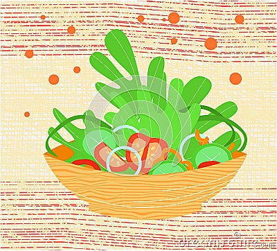 Vector flat isolated illustration salad dish vegetables, tomato, cucumber, cabbage, onion, bell pepper. Vector Illustration