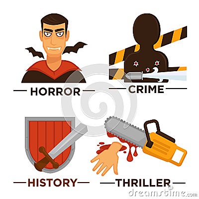 Movie genre icons. Vector flat isolated symbols set for cinema Vector Illustration