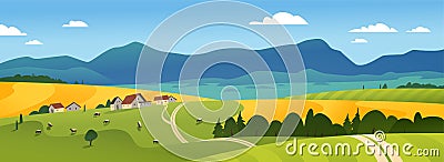 Vector flat landscape illustration of summer countryside nature view: sky, mountains, cozy village houses, cows, fields and meadow Vector Illustration