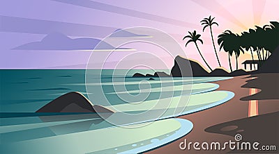 Vector flat landscape illustration of wild nature summer sunset on beach view with sky, sea coast, ocean, palm trees. Vector Illustration