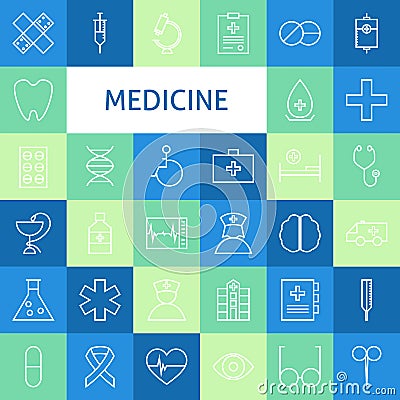 Vector Flat Line Art Modern Medicine and Healthy Life Icons Set Vector Illustration