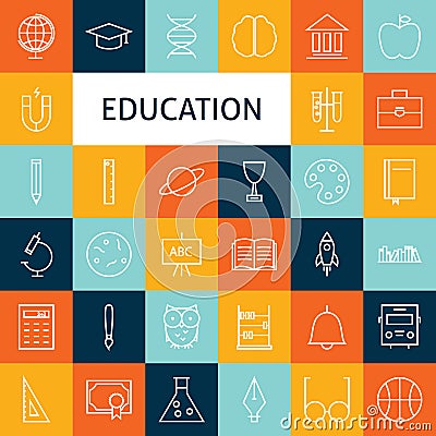 Vector Flat Line Art Modern School and Education Icons Set Vector Illustration