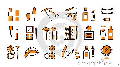 Vector flat line makeup icons set with stereo effect. Lipstick, powder, brow pencil, eyeliner cosmetics elements Vector Illustration