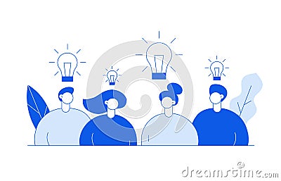 Vector flat line style business teamwork and idea design concept with big modern people, light bulbs, leaves. Vector Illustration