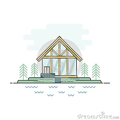 Vector flat line tourist rest house. Vector Illustration