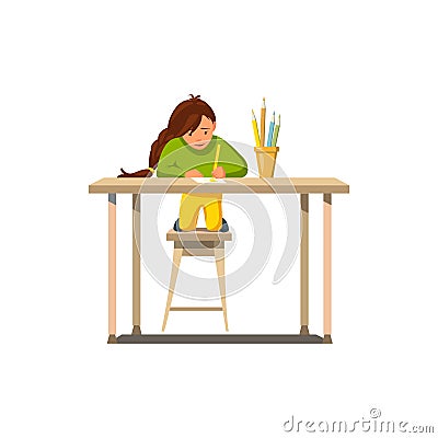 Vector Flat Little Girl Do Homework Draw Lesson. Vector Illustration