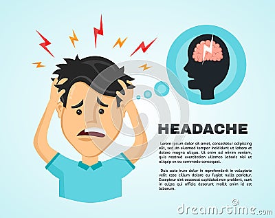 Vector flat man with a headache, compassion fatigue, a with a disease of the head, an office worker holding his head with his hand Vector Illustration