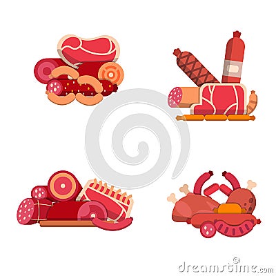 Vector flat meat and sausages icons piles set isolated on white background illustration Vector Illustration