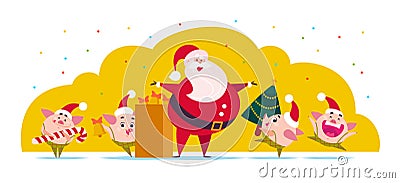 Vector flat Merry Christmas illustration: Santa Claus, cute pig elf with decorated New year fir tree, bells, candy lollipop isolat Vector Illustration