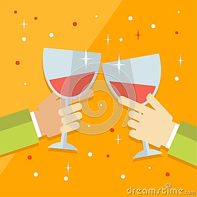 Vector flat modern concept illustration on celebration and party featuring multiple raised hands holding different champagne glass Cartoon Illustration