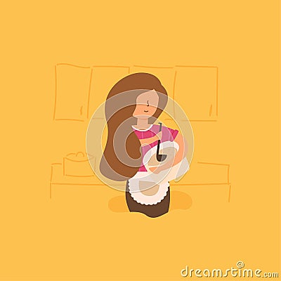 Vector Flat Mom cooks dinner for her family. Vector Illustration