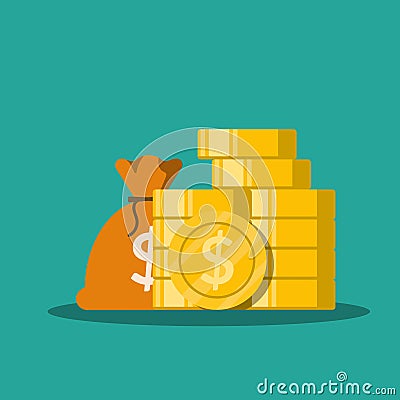 Vector flat money bag with gold coins stack. Illustration isolated on green background. Vector Illustration