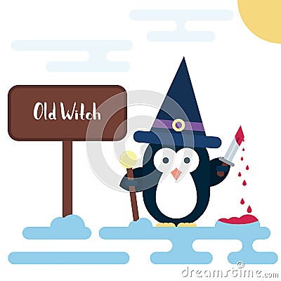 Flat penguin character stylized as witch with dagger and with pot. Modern flat illustration. Vector Illustration