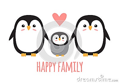 Vector flat penguin and happy family lettering Vector Illustration