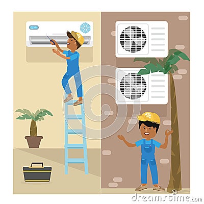 A vector flat picture specialists work with equipment. Installation or repair of air conditioner Vector Illustration