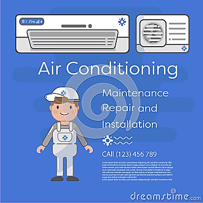 A vector flat picture specialists work with equipment. Installation or repair of air conditioner. Vector Illustration