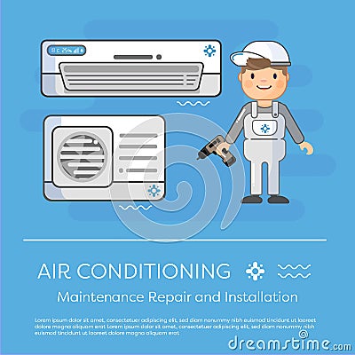 A vector flat picture specialists work with equipment. Installation or repair of air conditioner Vector Illustration