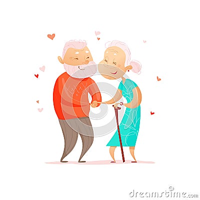 Vector flat portrait of old cute loving couple isolated Vector Illustration