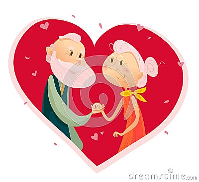 Vector flat portrait of old cute loving couple isolated on white background. Vector Illustration