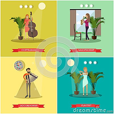 Vector flat posters set with musicians playing musical instruments Vector Illustration