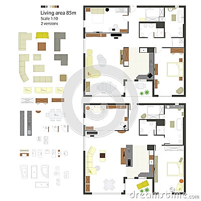 Vector flat projection with furniture. Set. Scale 1:10 Vector Illustration