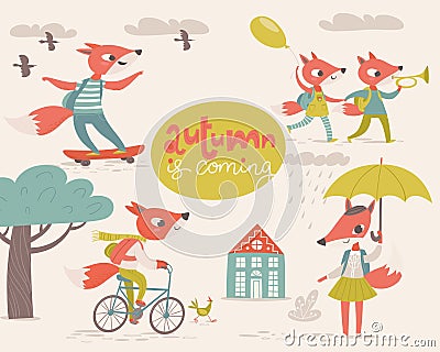 Vector flat retro style autumn card with cartoon foxes. Vector Illustration