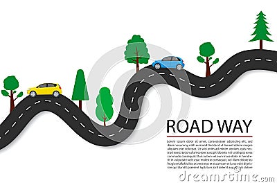 Vector flat road path with car, trees for journey. Asphalt highway line for speed transportation. Vehicle road trip with long Vector Illustration