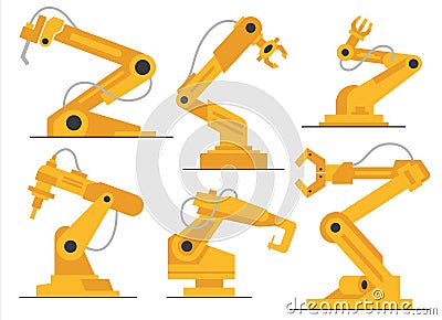 Vector flat robot arm welding at factory line set. Modern plant tech manipulator illustration. Vector Illustration