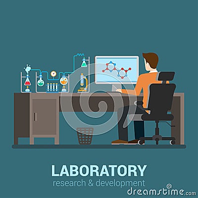 Vector flat science laboratory: lab worker workplace, chemical Vector Illustration