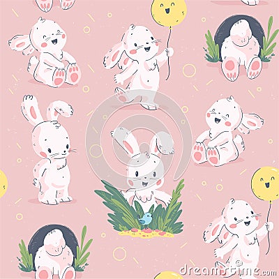 Vector flat seamless background with easter little baby bunny character & hand drawn decorative elements Vector Illustration