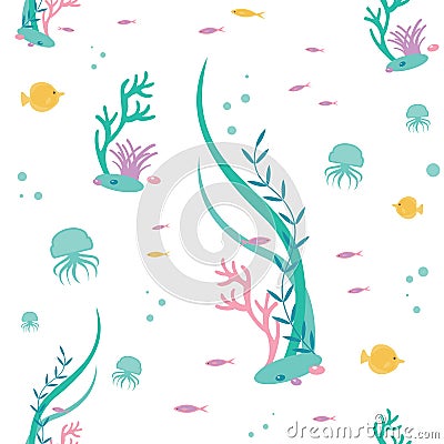 Vector flat seamless pattern of elements the underwater world. Illustration of deep tropical flora and fauna. Vector Illustration