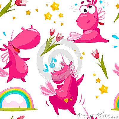 Vector flat seamless pattern with funny unicorn characters, stars, rainbow and spring tulip flower isolated on white background. Vector Illustration