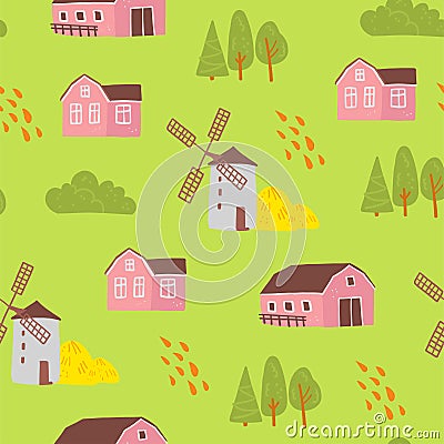 Vector flat seamless pattern with hand drawn farm domestic building, house, mill, trees isolated on green background. Vector Illustration