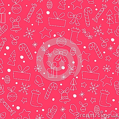 Vector flat seamless pattern with traditional Christmas decor icons - fir tree, decorati Vector Illustration