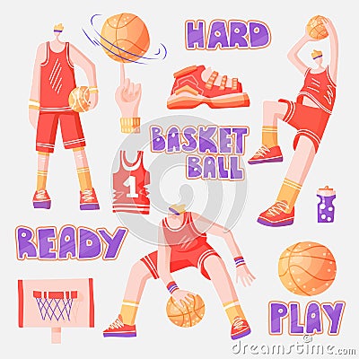 Vector flat set of basketball - basketball players, basket, ball, sneakers. Vector sport collection in modern flat style Vector Illustration