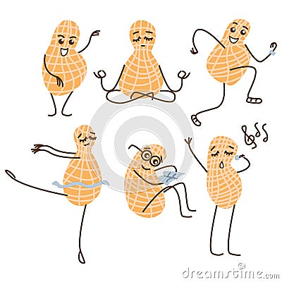 Vector flat set of lively, fun peanuts, where each of them is busy with their own work Vector Illustration