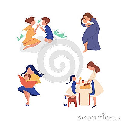 Vector flat set mom with son spends time. Vector Illustration