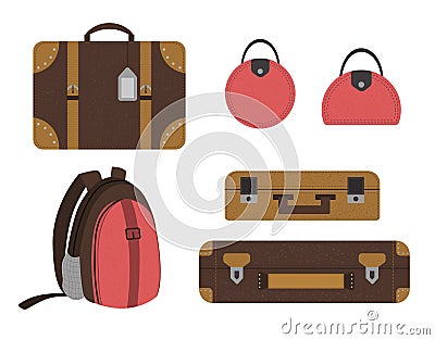 Vector flat set of travelerâ€™s suitcases. Luggage icons collection. Travel objects isolated on white background. Vector Illustration